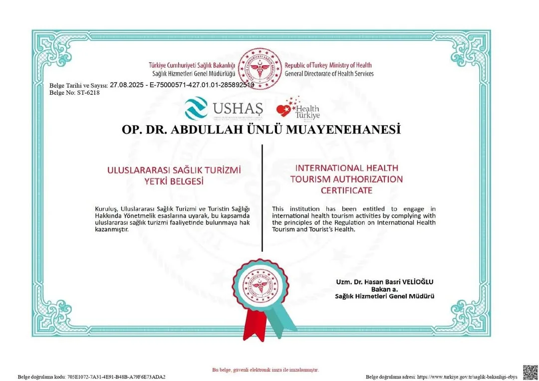 Op. Dr. Abdullah Ünlü Uluslararası Sağlık Turizmi Yetki Belgesine Sahiptir